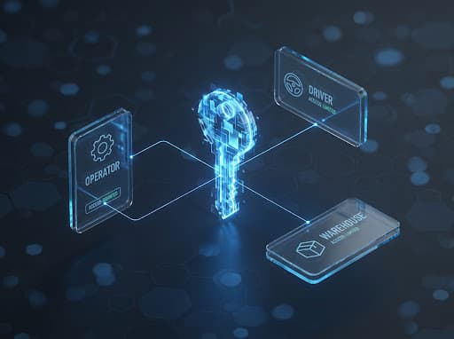 3D visualization of role-based security with a central glowing key and floating user role cards